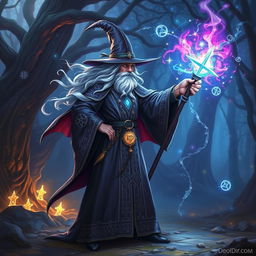 A wizard in an ornate robe adorned with magical symbols, standing in a dramatic pose as he casts a powerful spell