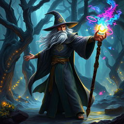 A wizard in an ornate robe adorned with magical symbols, standing in a dramatic pose as he casts a powerful spell