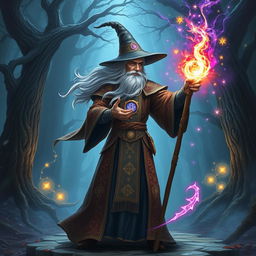 A wizard in an ornate robe adorned with magical symbols, standing in a dramatic pose as he casts a powerful spell