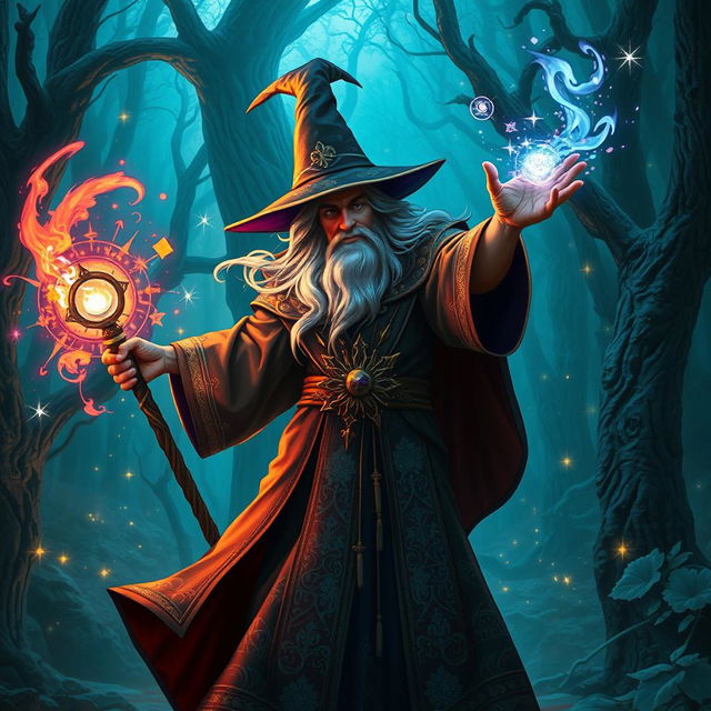 A wizard in an ornate robe adorned with magical symbols, standing in a dramatic pose as he casts a powerful spell