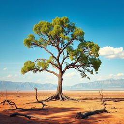 In a dystopian landscape where all trees have been cut down, a lone majestic tree stands resilient amidst the barren land, its leaves glistening under a bright blue sky