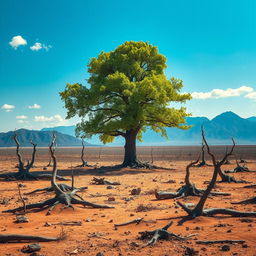 In a dystopian landscape where all trees have been cut down, a lone majestic tree stands resilient amidst the barren land, its leaves glistening under a bright blue sky