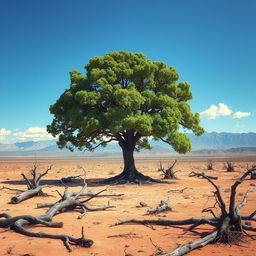 In a dystopian landscape where all trees have been cut down, a lone majestic tree stands resilient amidst the barren land, its leaves glistening under a bright blue sky