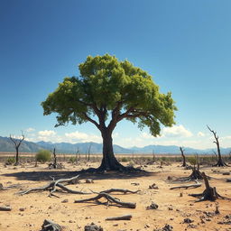 In a dystopian landscape where all trees have been cut down, a lone majestic tree stands resilient amidst the barren land, its leaves glistening under a bright blue sky