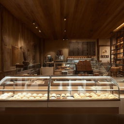 A modern Parisian style interior of a bakery cafe, well-lit and elegantly decorated with rustic furniture, pastries displayed in glass cases, and coffee brewing equipment.