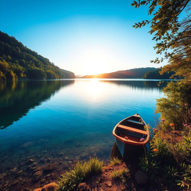 A clear and vibrant landscape of a serene lake surrounded by lush green forests, with a bright blue sky reflecting in the water