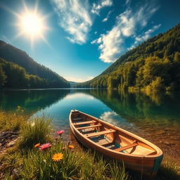 A clear and vibrant landscape of a serene lake surrounded by lush green forests, with a bright blue sky reflecting in the water
