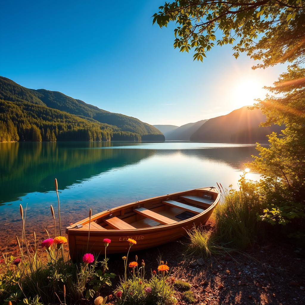 A clear and vibrant landscape of a serene lake surrounded by lush green forests, with a bright blue sky reflecting in the water