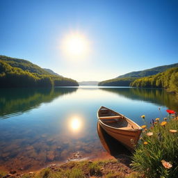 A clear and vibrant landscape of a serene lake surrounded by lush green forests, with a bright blue sky reflecting in the water