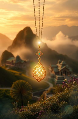 A soft, dreamy landscape features rolling hills and misty mountains in the background, with ancient temple ruins visible in the distance