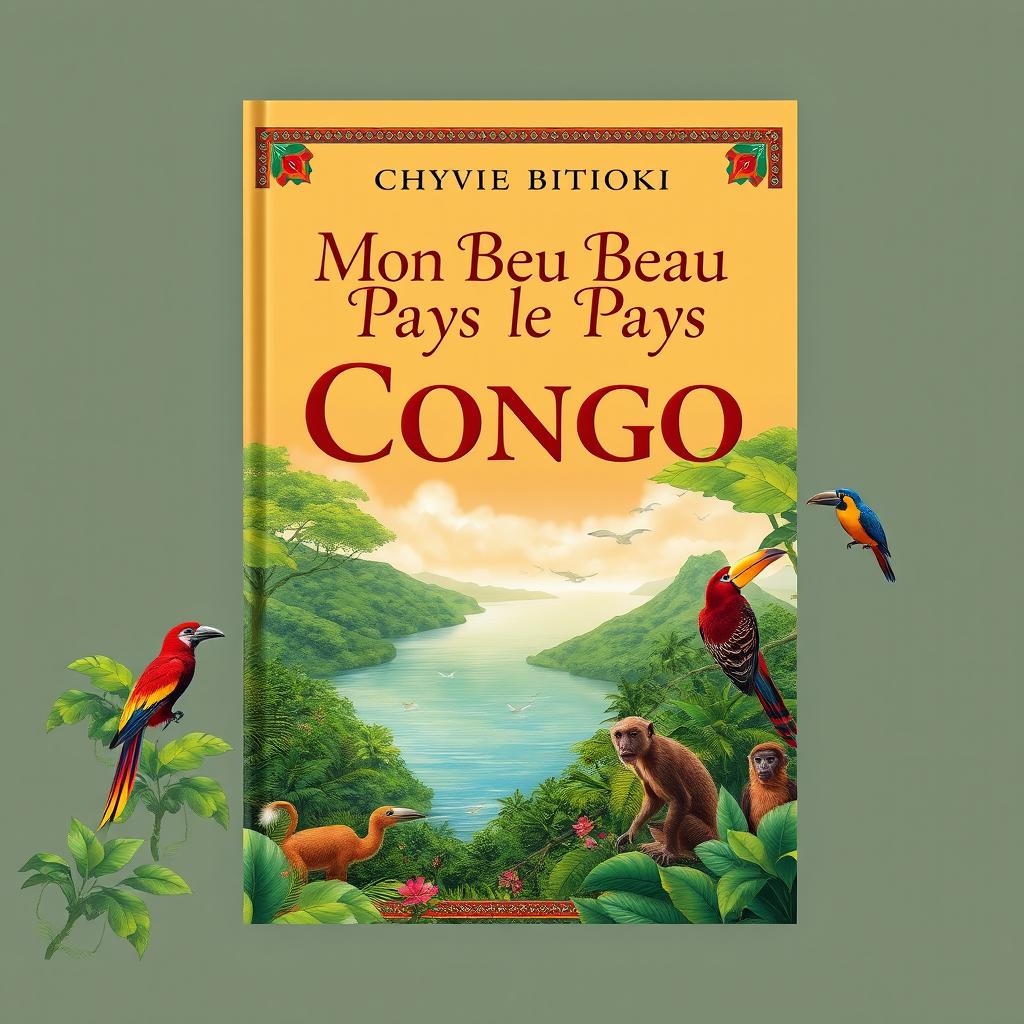 A captivating book cover design for Chyvie BITOKI's "Mon Beau Pays le Congo", featuring a vibrant landscape of the Congo River, surrounded by lush green rainforest, and colorful wildlife native to the region, such as exotic birds and monkeys
