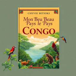 A captivating book cover design for Chyvie BITOKI's "Mon Beau Pays le Congo", featuring a vibrant landscape of the Congo River, surrounded by lush green rainforest, and colorful wildlife native to the region, such as exotic birds and monkeys