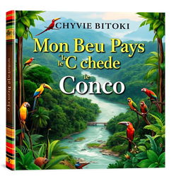 A captivating book cover design for Chyvie BITOKI's "Mon Beau Pays le Congo", featuring a vibrant landscape of the Congo River, surrounded by lush green rainforest, and colorful wildlife native to the region, such as exotic birds and monkeys