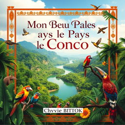 A captivating book cover design for Chyvie BITOKI's "Mon Beau Pays le Congo", featuring a vibrant landscape of the Congo River, surrounded by lush green rainforest, and colorful wildlife native to the region, such as exotic birds and monkeys