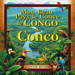 A captivating book cover design for Chyvie BITOKI's "Mon Beau Pays le Congo", featuring a vibrant landscape of the Congo River, surrounded by lush green rainforest, and colorful wildlife native to the region, such as exotic birds and monkeys