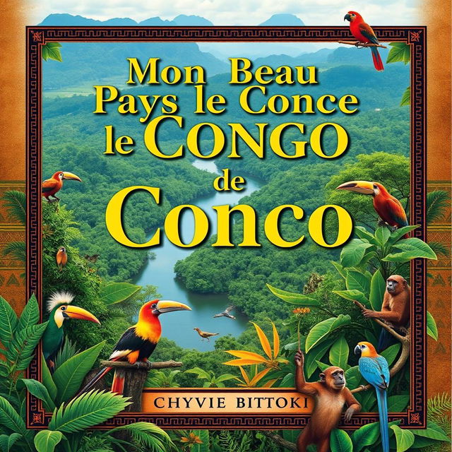 A captivating book cover design for Chyvie BITOKI's "Mon Beau Pays le Congo", featuring a vibrant landscape of the Congo River, surrounded by lush green rainforest, and colorful wildlife native to the region, such as exotic birds and monkeys