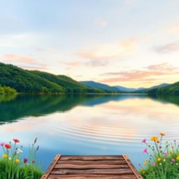 A serene lakeside scene for a book cover, featuring a calm, reflective lake surrounded by lush greenery and soft, rolling hills