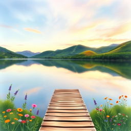 A serene lakeside scene for a book cover, featuring a calm, reflective lake surrounded by lush greenery and soft, rolling hills