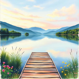 A serene lakeside scene for a book cover, featuring a calm, reflective lake surrounded by lush greenery and soft, rolling hills