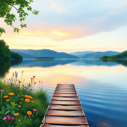 A serene lakeside scene for a book cover, featuring a calm, reflective lake surrounded by lush greenery and soft, rolling hills