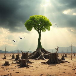A surreal and dramatic scene depicting the last surviving tree on Earth, standing tall amidst a barren landscape where all other trees have been cut down