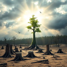 A surreal and dramatic scene depicting the last surviving tree on Earth, standing tall amidst a barren landscape where all other trees have been cut down