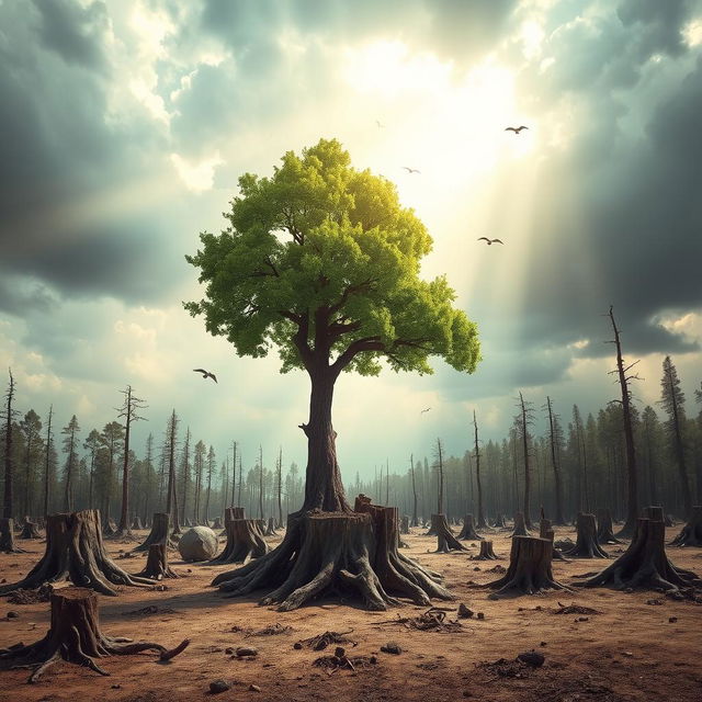 A surreal and dramatic scene depicting the last surviving tree on Earth, standing tall amidst a barren landscape where all other trees have been cut down