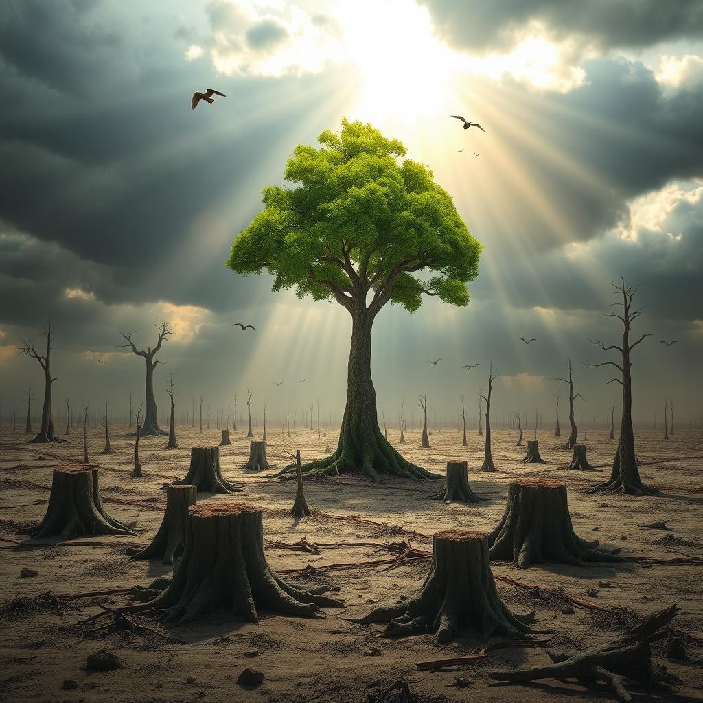 A surreal and dramatic scene depicting the last surviving tree on Earth, standing tall amidst a barren landscape where all other trees have been cut down