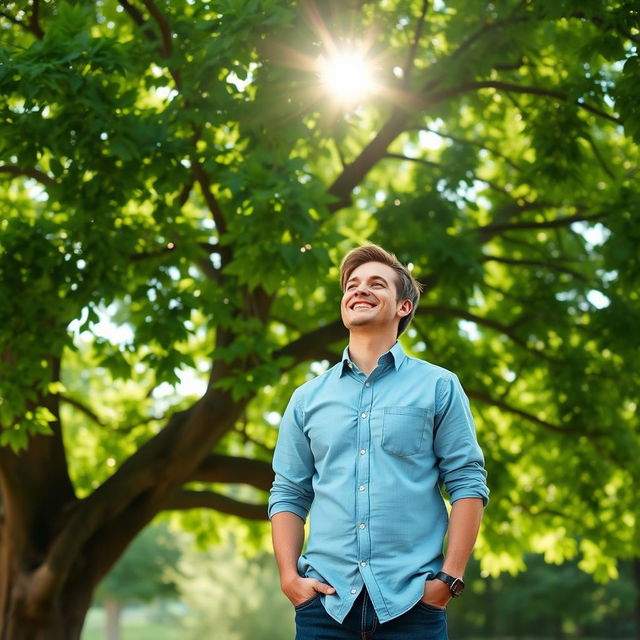 A cheerful man standing beneath a large, lush green tree, looking up with a smile, surrounded by nature