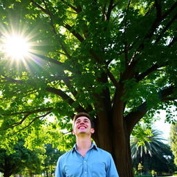 A cheerful man standing beneath a large, lush green tree, looking up with a smile, surrounded by nature