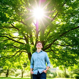 A cheerful man standing beneath a large, lush green tree, looking up with a smile, surrounded by nature