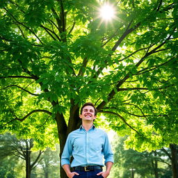 A cheerful man standing beneath a large, lush green tree, looking up with a smile, surrounded by nature