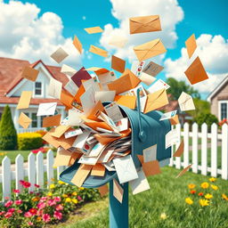 A whimsical and chaotic scene of a mailbox overflowing with letters and packages, bursting open with envelopes flying out in all directions