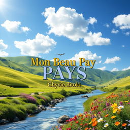 A book cover design for 'Mon Beau Pays' by Chyvie Bitoki, featuring a vibrant landscape showcasing the beauty of nature, with rolling green hills under a bright blue sky dotted with fluffy white clouds