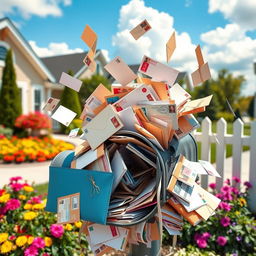 A whimsical and chaotic scene of a mailbox overflowing with letters and packages, bursting open with envelopes flying out in all directions