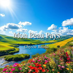 A book cover design for 'Mon Beau Pays' by Chyvie Bitoki, featuring a vibrant landscape showcasing the beauty of nature, with rolling green hills under a bright blue sky dotted with fluffy white clouds