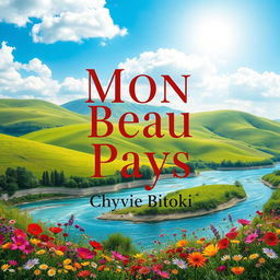 A book cover design for 'Mon Beau Pays' by Chyvie Bitoki, featuring a vibrant landscape showcasing the beauty of nature, with rolling green hills under a bright blue sky dotted with fluffy white clouds
