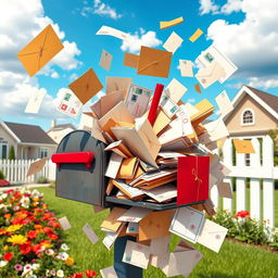 A whimsical and chaotic scene of a mailbox overflowing with letters and packages, bursting open with envelopes flying out in all directions
