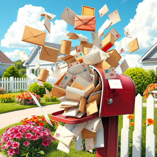 A whimsical and chaotic scene of a mailbox overflowing with letters and packages, bursting open with envelopes flying out in all directions