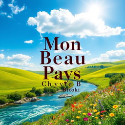 A book cover design for 'Mon Beau Pays' by Chyvie Bitoki, featuring a vibrant landscape showcasing the beauty of nature, with rolling green hills under a bright blue sky dotted with fluffy white clouds