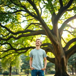 A joyful man standing under a magnificent, sprawling tree, with vibrant green leaves and thick branches
