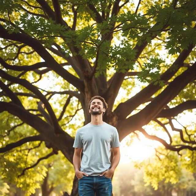 A joyful man standing under a magnificent, sprawling tree, with vibrant green leaves and thick branches