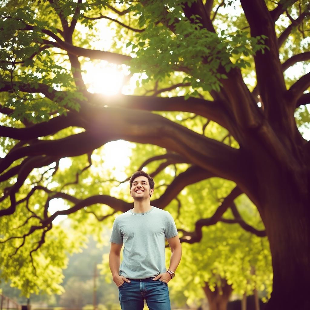 A joyful man standing under a magnificent, sprawling tree, with vibrant green leaves and thick branches