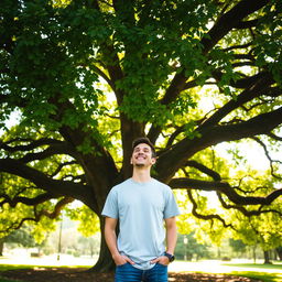 A joyful man standing under a magnificent, sprawling tree, with vibrant green leaves and thick branches