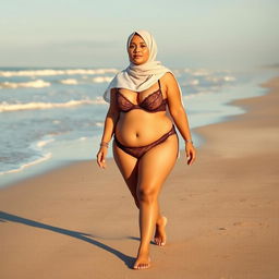 A plump woman with large breasts wearing a hijab and provocative lingerie walking on a beach