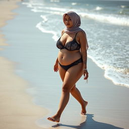 A plump woman with large breasts wearing a hijab and provocative lingerie walking on a beach