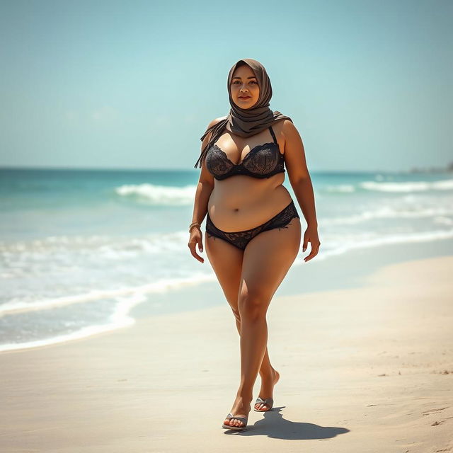 A plump woman with large breasts wearing a hijab and provocative lingerie walking on a beach