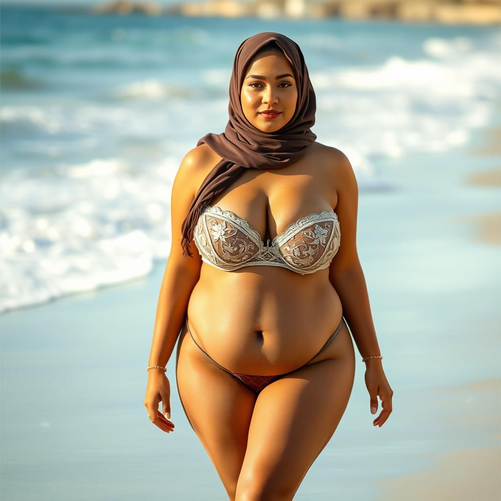 A plump woman with large breasts wearing a hijab and provocative lingerie walking on a beach
