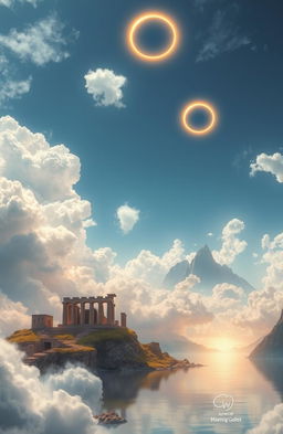 A heavenly scene depicting the land of gods, featuring soft, fluffy clouds and shimmering golden rings that radiate illumination