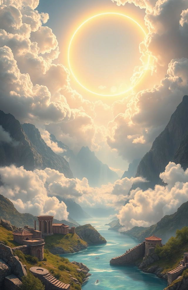 A heavenly scene depicting the land of gods, featuring soft, fluffy clouds and shimmering golden rings that radiate illumination